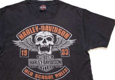 画像1: Hanes HARLEY-DAVIDSON ハーレー ダビッドソン OLD SCHOOL RULES TADDY'S スカル 両面プリント コットンTシャツ 黒 フェード (1)