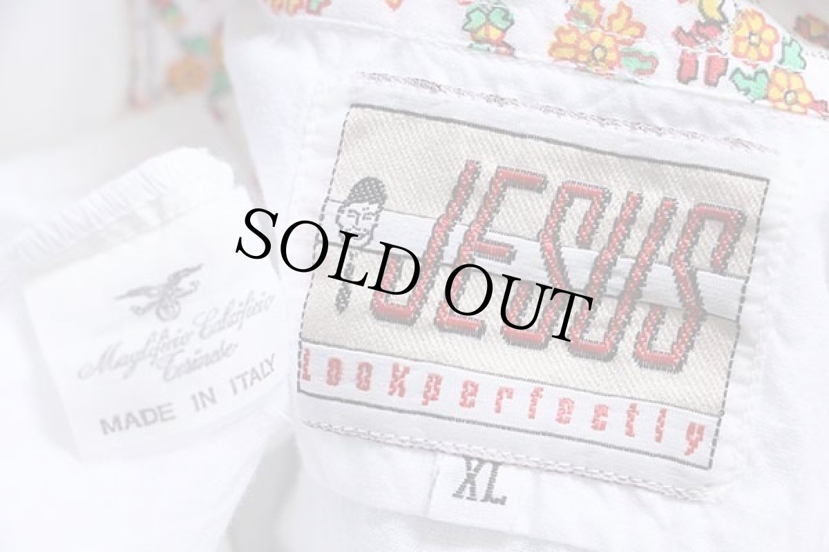 画像4: 90s イタリア製 JESUS ワンポイント 花柄 刺繍 半袖 コットンシャツ 白 XL (4)