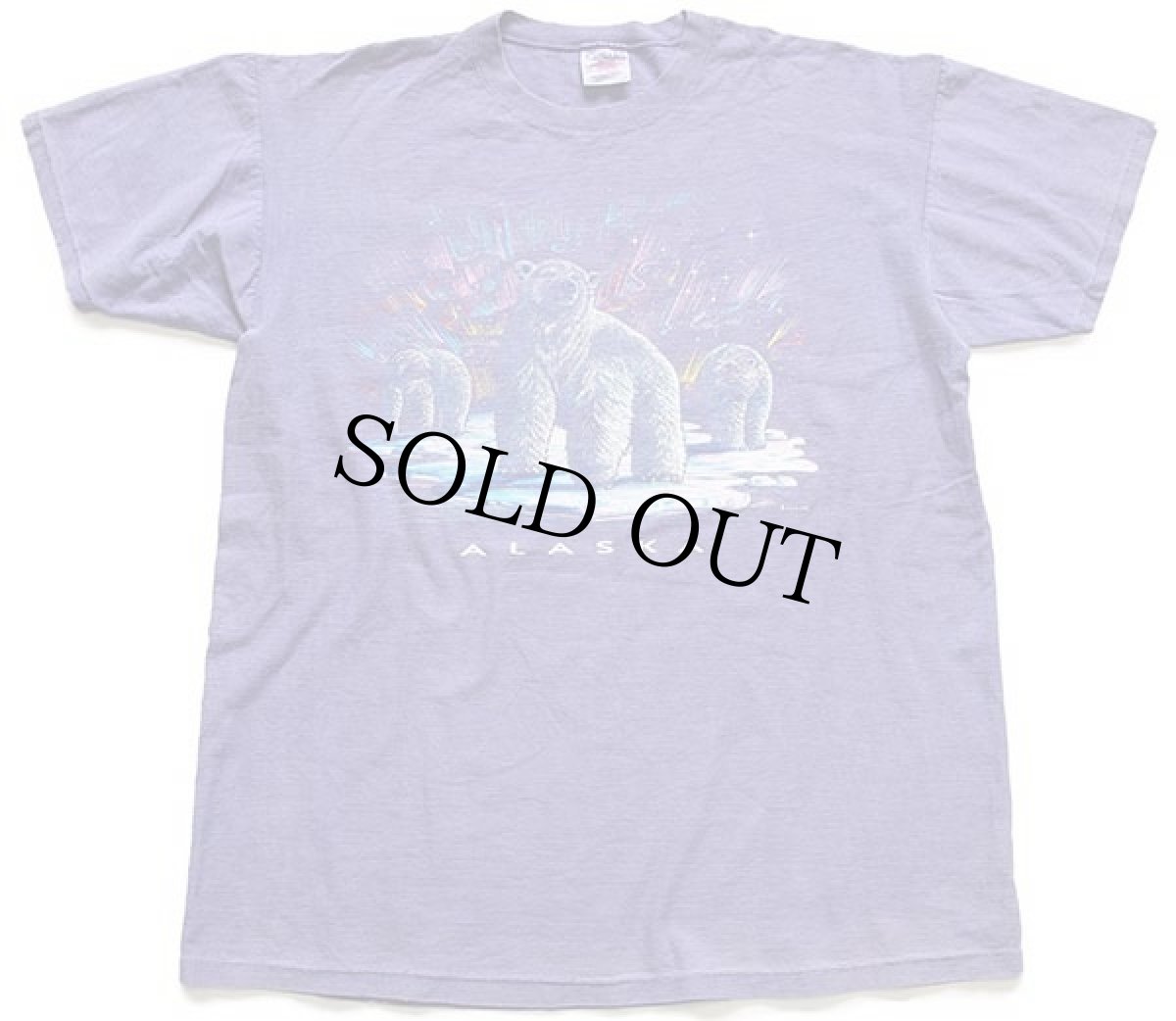 画像2: 90s USA製 ALASKA シロクマ オーロラ アート 織り柄 コットンTシャツ 薄紫 XL (2)