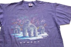 画像1: 90s USA製 ALASKA シロクマ オーロラ アート 織り柄 コットンTシャツ 薄紫 XL (1)