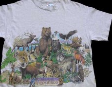 画像1: 90s USA製 Hanes NORTH AMERICAN WILDERNESS アニマル 両面プリント アート コットンTシャツ 杢ライトグレー M (1)