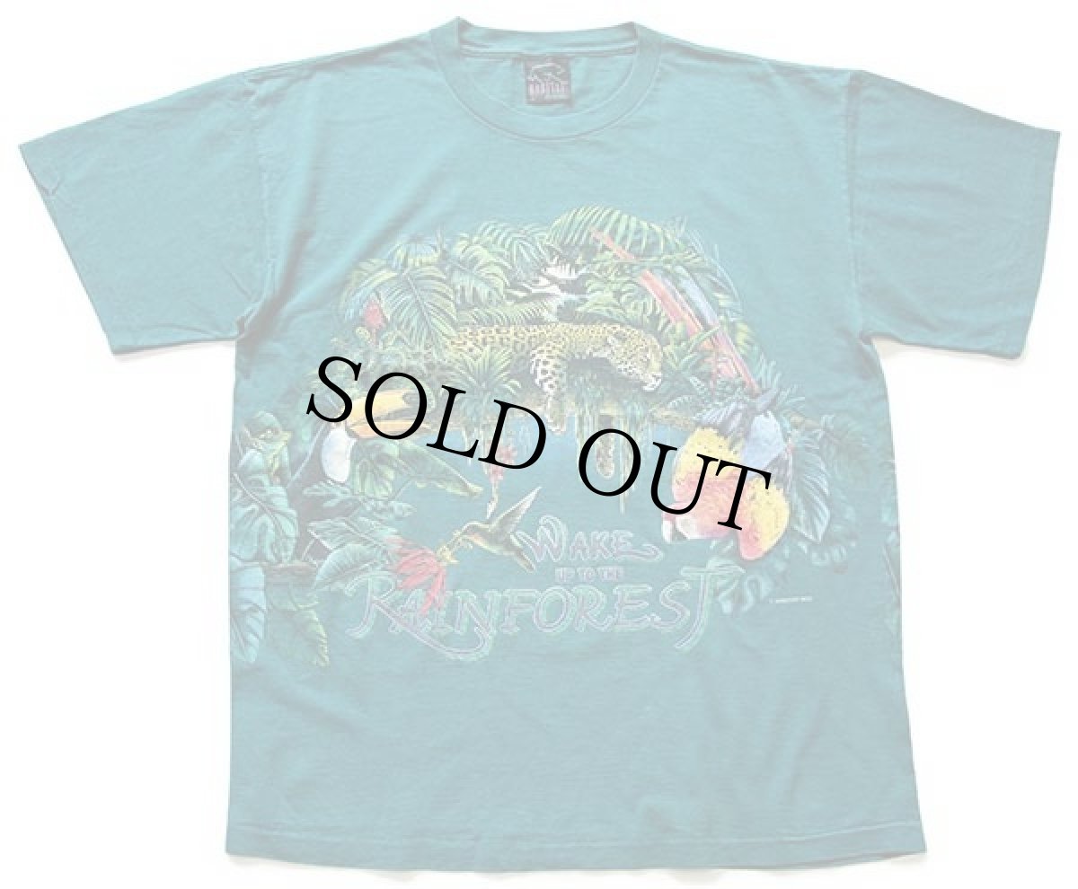 画像2: 90s USA製 HABITAT WAKE UP TO THE RAINFOREST アニマル バード アート 両面プリント コットンTシャツ 緑 L (2)