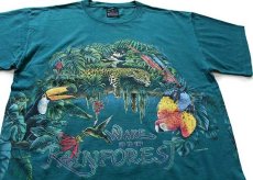 画像1: 90s USA製 HABITAT WAKE UP TO THE RAINFOREST アニマル バード アート 両面プリント コットンTシャツ 緑 L (1)