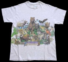 画像2: 90s USA製 Hanes NORTH AMERICAN WILDERNESS アニマル 両面プリント アート コットンTシャツ 杢ライトグレー M (2)