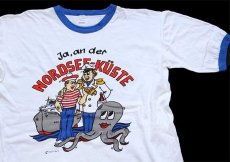 画像1: 80s Ja,an der NORDSEE-KUSTE セーラー 染み込みプリント コットン リンガーTシャツ 白×青 M (1)