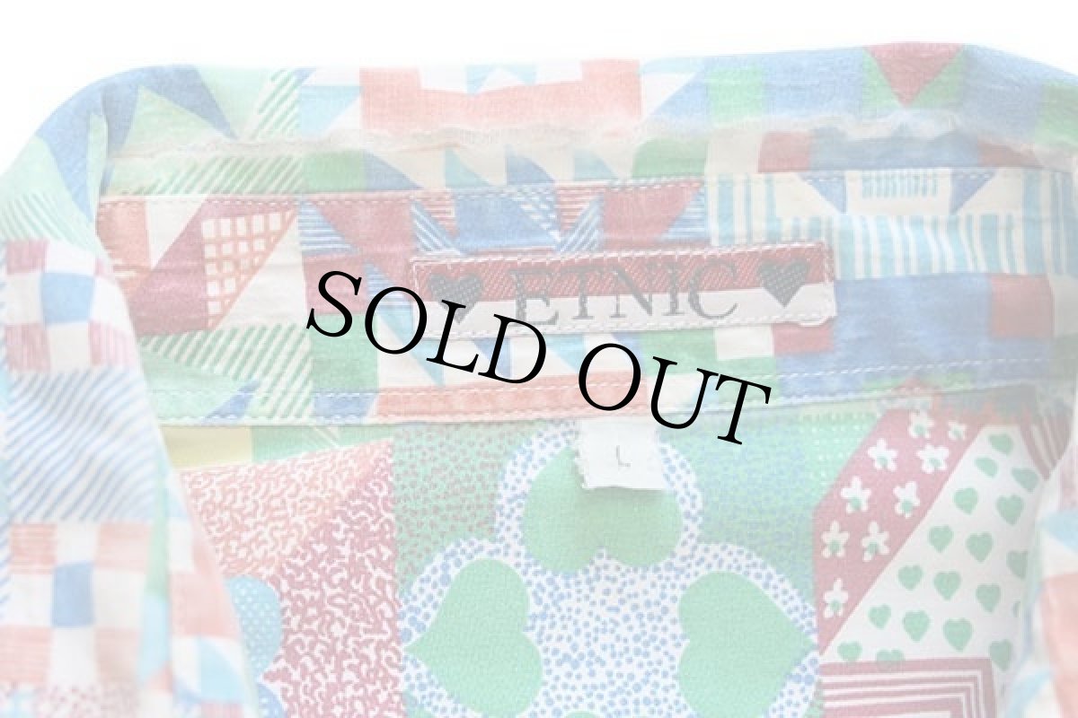 画像4: 90s ETNIC キルト パッチワーク柄 半袖 コットンシャツ L (4)