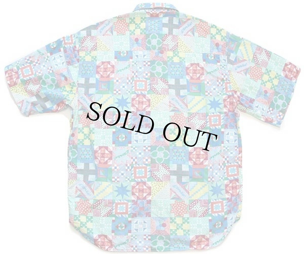 画像2: 90s ETNIC キルト パッチワーク柄 半袖 コットンシャツ L (2)