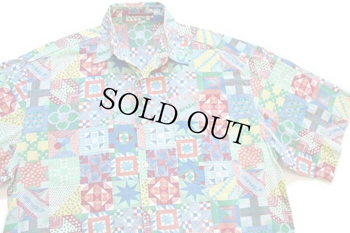 画像3: 90s ETNIC キルト パッチワーク柄 半袖 コットンシャツ L (3)