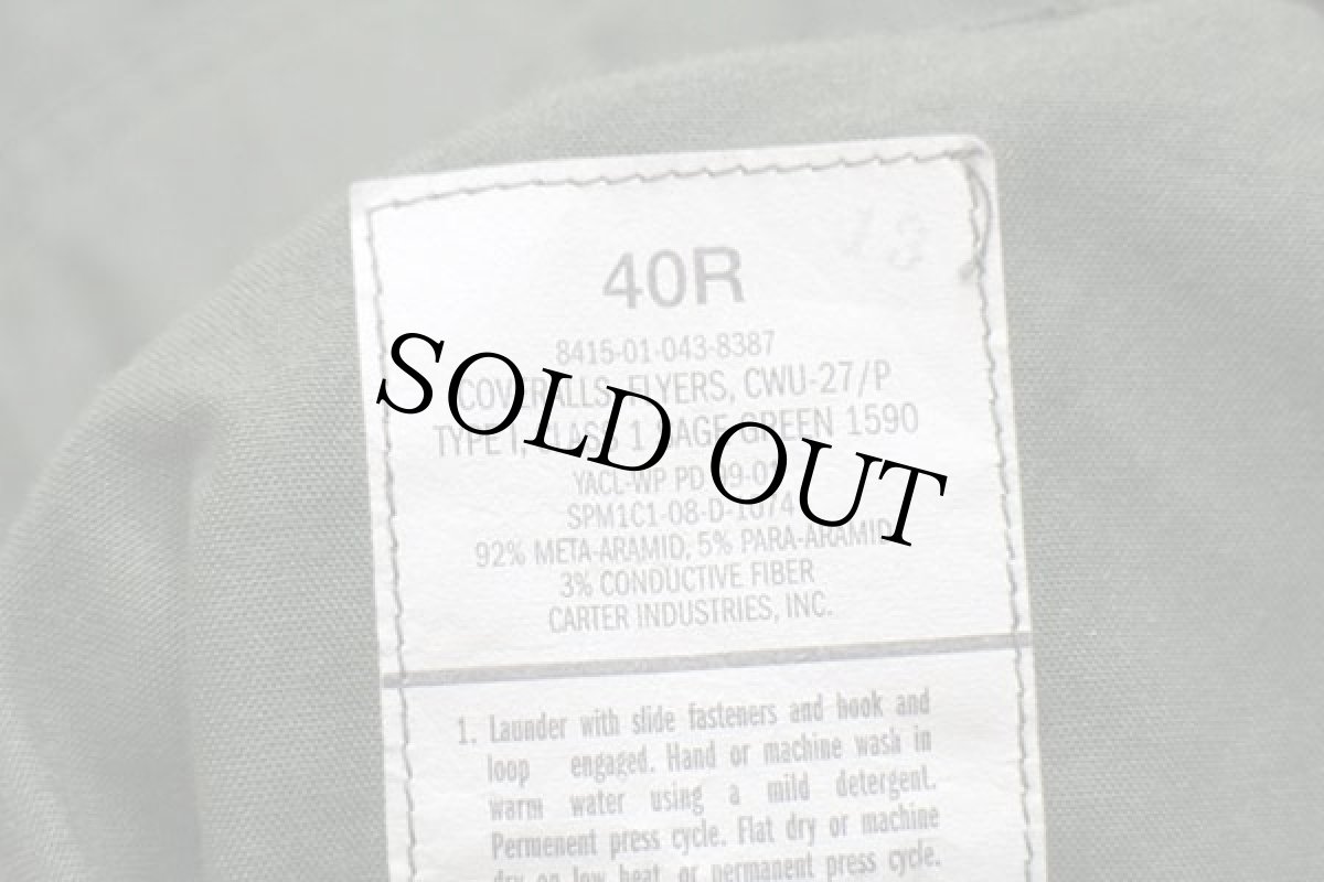 画像5: 00s 米軍 CWU-27/P カバーオール アラミド フライトスーツ セージグリーン 40R★17 つなぎ (5)