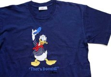 画像1: 90s イタリア製 Disneyディズニー ''That's Donald!'' ドナルドダック 刺繍 コットンTシャツ 紺 (1)