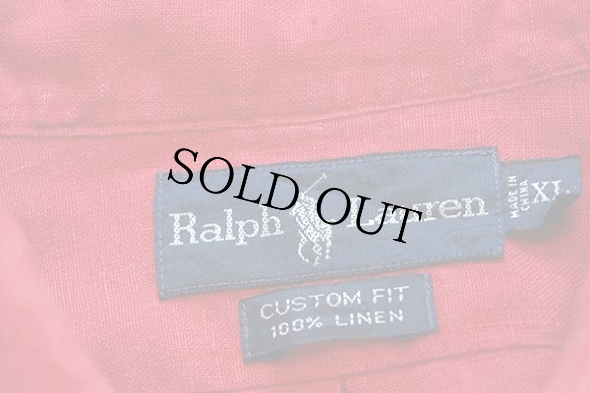 画像4: 90s ラルフローレン ワンポイント ボタンダウン リネンシャツ 赤 XL (4)