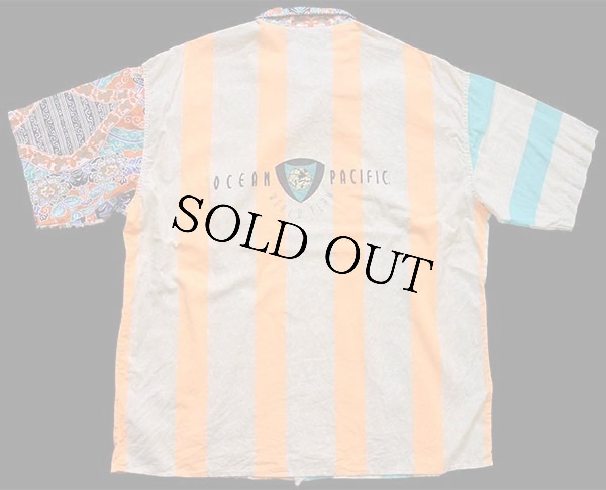 画像2: 80s イタリア製 OP ocean pacificオーシャンパシフィック WORLD TEAM クレイジーパターン ストライプ×総柄 半袖 コットンシャツ (2)