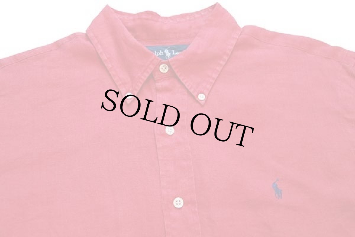 画像3: 90s ラルフローレン ワンポイント ボタンダウン リネンシャツ 赤 XL (3)