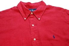 画像3: 90s ラルフローレン ワンポイント ボタンダウン リネンシャツ 赤 XL (3)