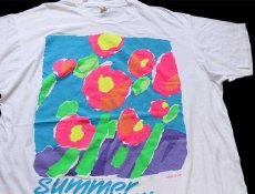 画像1: 80s USA製 summer... フラワー アート 蛍光プリント コットンTシャツ 白 XXXL★特大 (1)