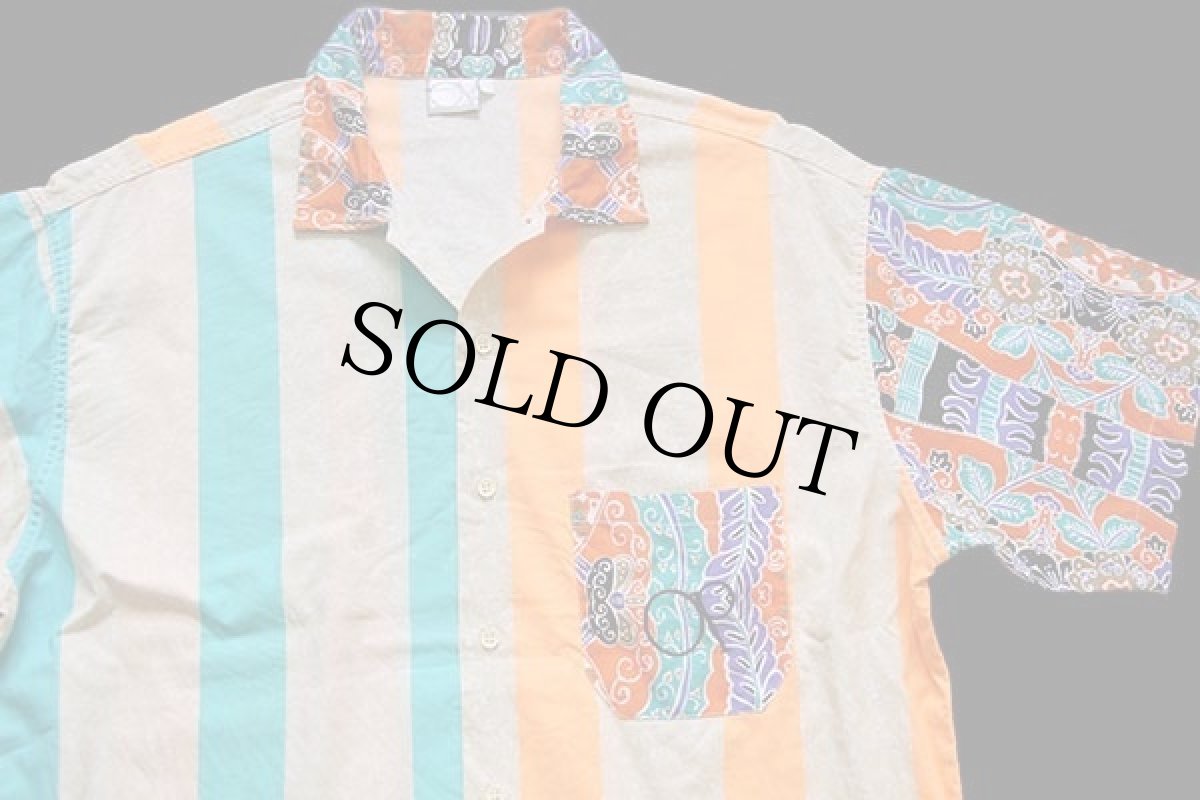 画像3: 80s イタリア製 OP ocean pacificオーシャンパシフィック WORLD TEAM クレイジーパターン ストライプ×総柄 半袖 コットンシャツ (3)