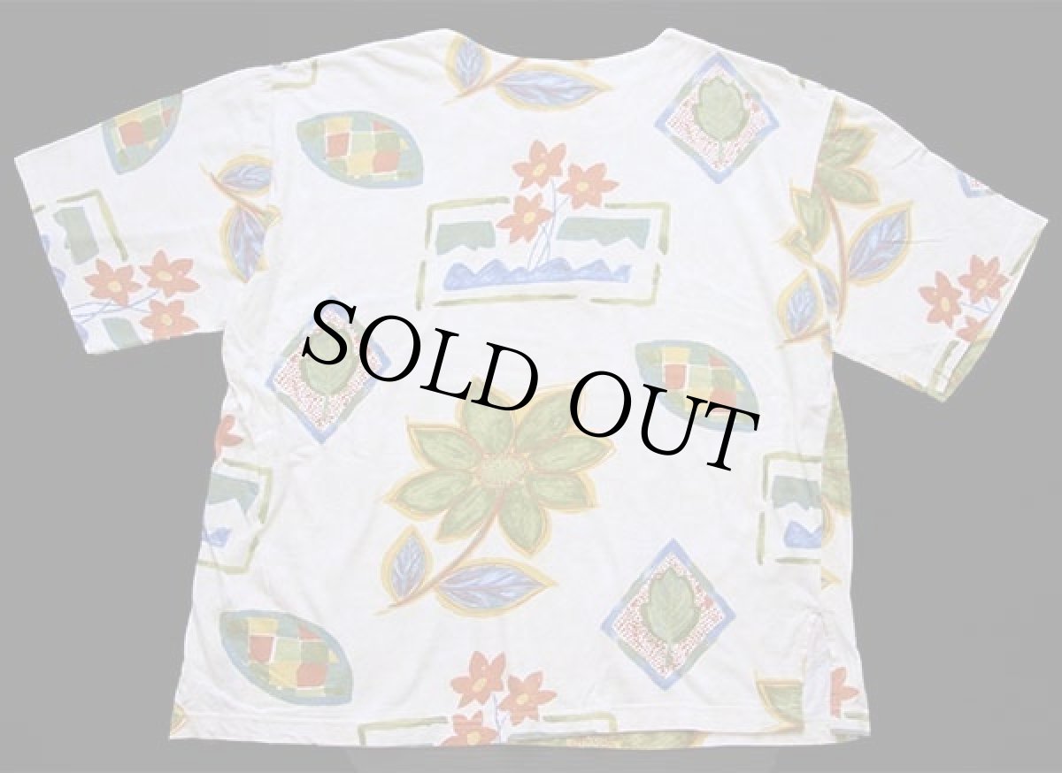 画像3: 90s UNKNOWN フラワー リーフ アート ヘンリーネック コットンTシャツ (3)