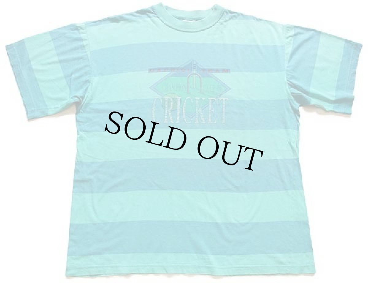 画像2: 90s CHAMPION CLUB OF CRICKET 太ボーダー コットンTシャツ 薄緑×薄青 (2)