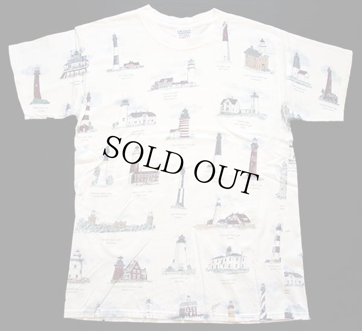 画像2: 00s 灯台 総柄 アート コットンTシャツ 白 L (2)