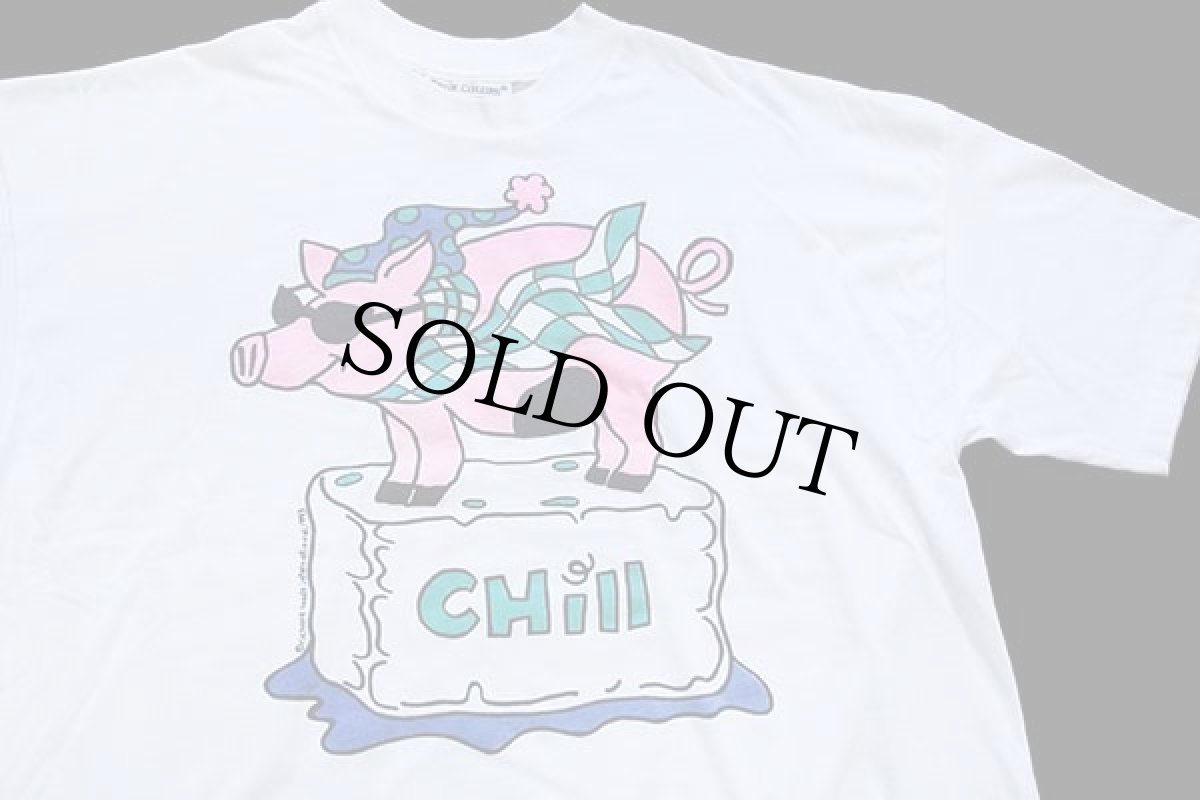 画像3: 90s TRUE COLORS ブタ CHILL イラスト ショート丈 コットンTシャツ 白 M (3)