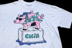 画像3: 90s TRUE COLORS ブタ CHILL イラスト ショート丈 コットンTシャツ 白 M (3)