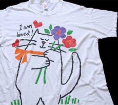 画像1: 90s USA製 I am loved キャット フラワー コットンTシャツ ワンピース 白 特大 (1)