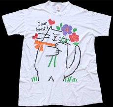 画像2: 90s USA製 I am loved キャット フラワー コットンTシャツ ワンピース 白 特大 (2)