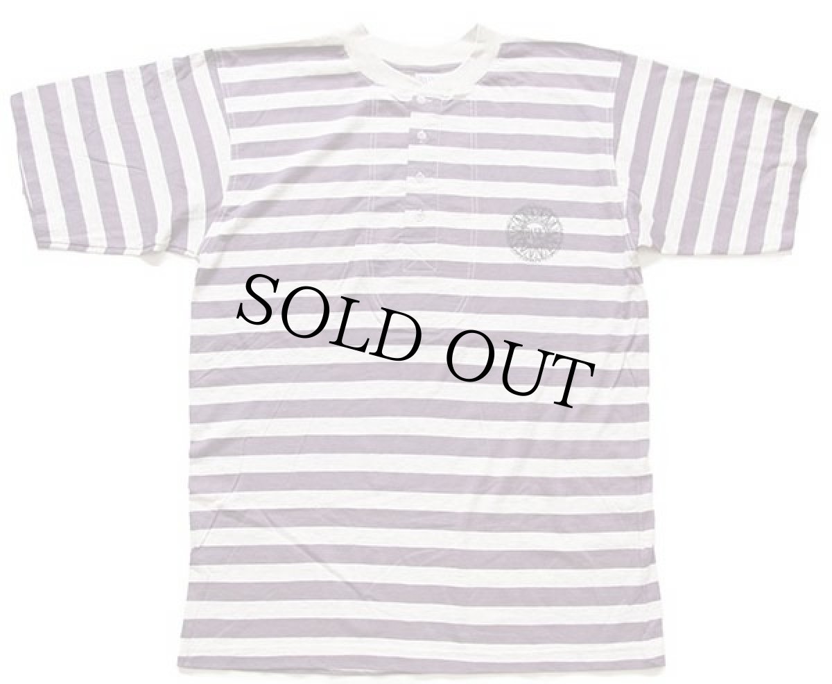 画像2: 90s BASIC ボーダー ヘンリーネック コットンTシャツ パープル×杢グレー (2)