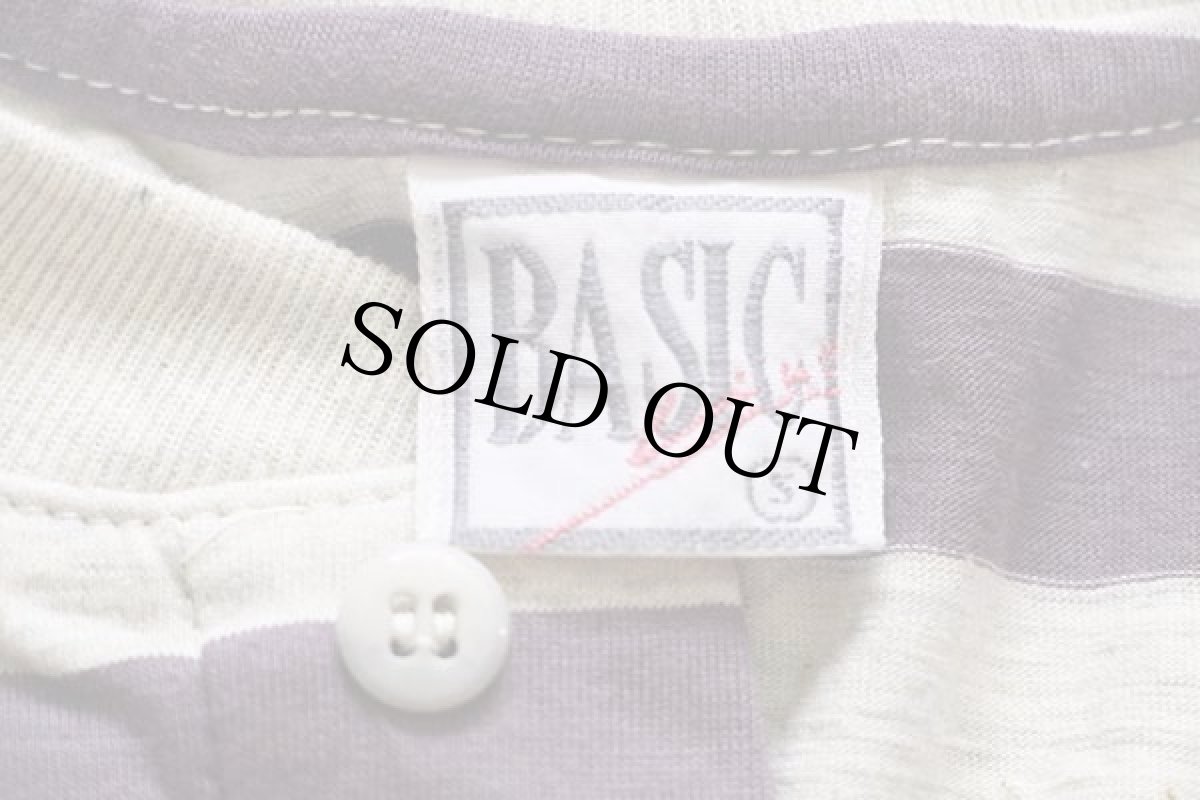 画像4: 90s BASIC ボーダー ヘンリーネック コットンTシャツ パープル×杢グレー (4)