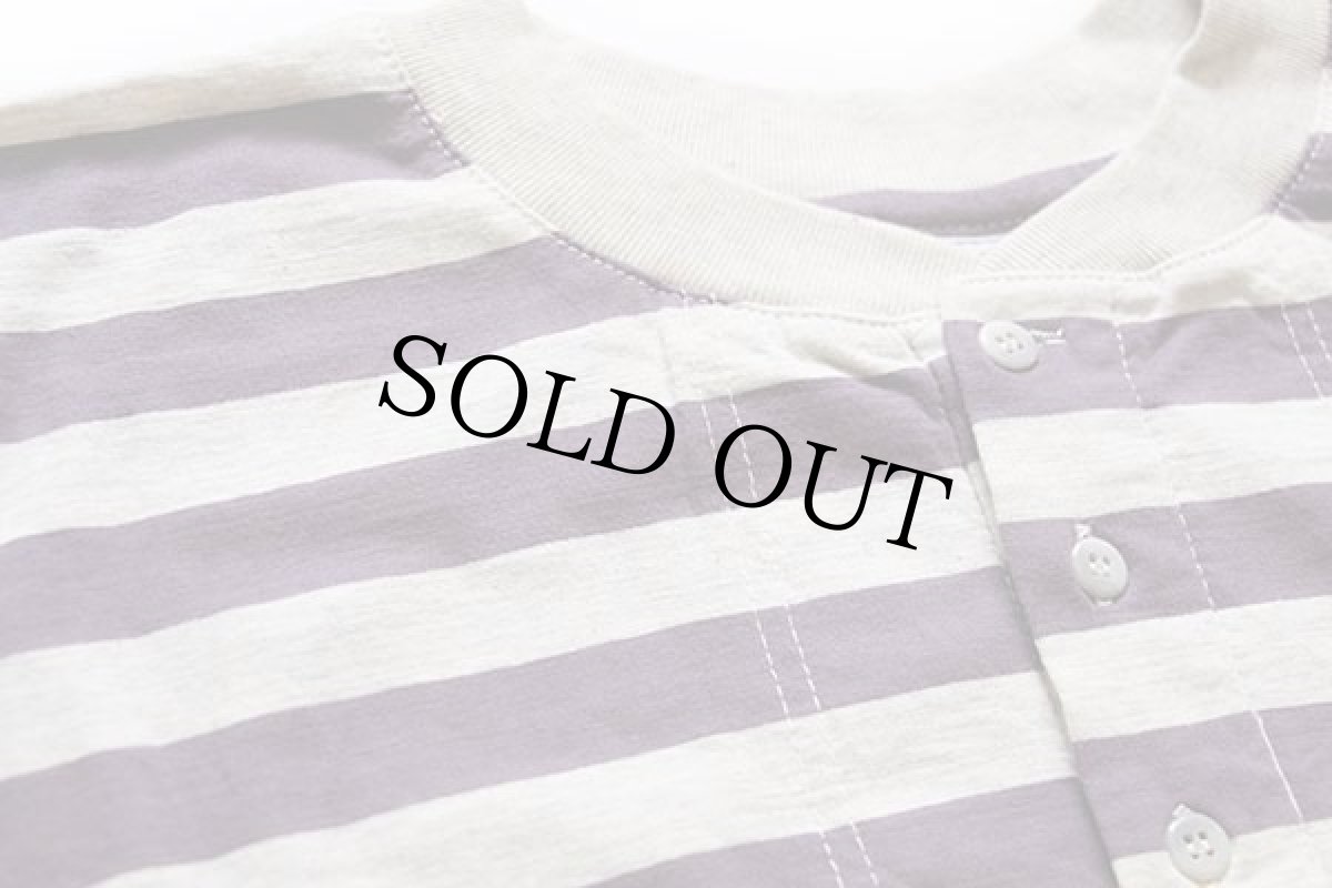 画像6: 90s BASIC ボーダー ヘンリーネック コットンTシャツ パープル×杢グレー (6)