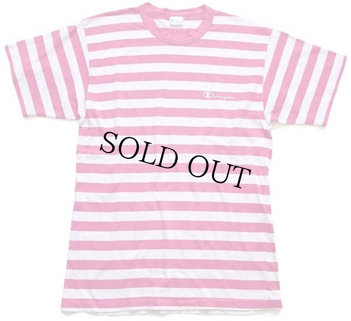 画像2: 90s イタリア製 Championチャンピオン スクリプト ロゴ刺繍 ボーダー コットンTシャツ ピンク×杢ライトグレー M (2)
