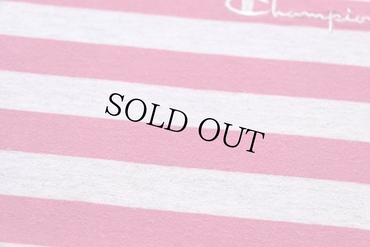 画像6: 90s イタリア製 Championチャンピオン スクリプト ロゴ刺繍 ボーダー コットンTシャツ ピンク×杢ライトグレー M (6)