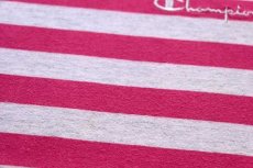 画像6: 90s イタリア製 Championチャンピオン スクリプト ロゴ刺繍 ボーダー コットンTシャツ ピンク×杢ライトグレー M (6)