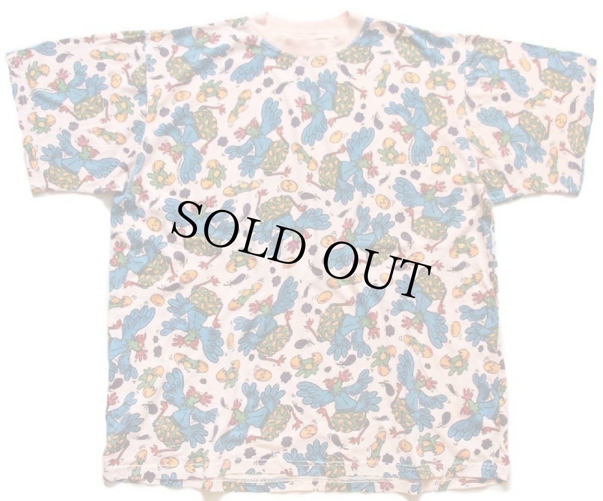 画像2: 90s 南アフリカ製 DINOSAURS&ROSES ニワトリ たまご 総柄 コットンTシャツ ピンク (2)