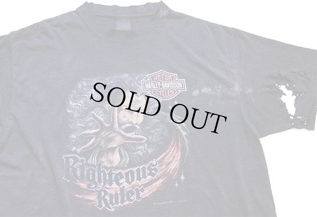 画像1: 90s USA製 HARLEY-DAVIDSON ハーレー ダビッドソン 3D EMBLEM Righteous Ruler Tシャツ ボロ 黒 (1)