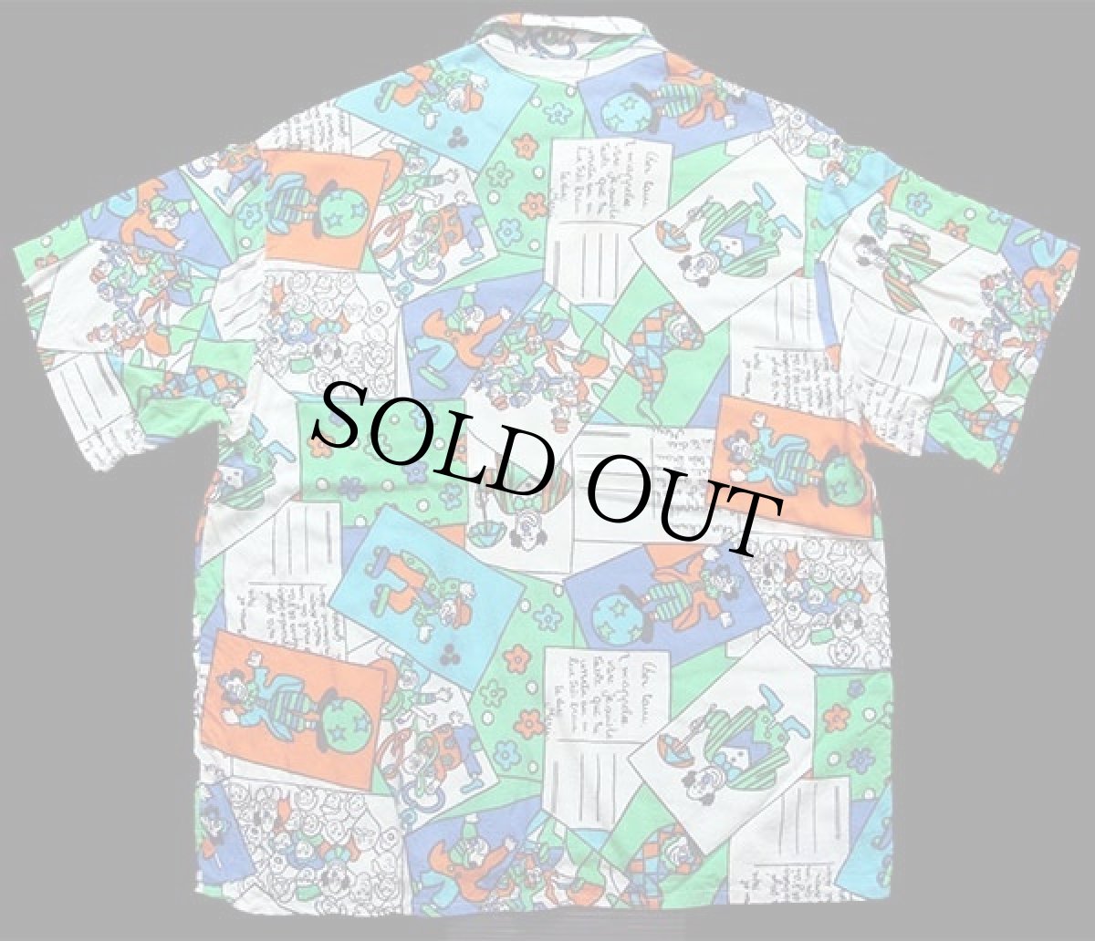 画像2: 80s フランス製 VIA COSMOS ピエロ イラスト 総柄 染み込みプリント 半袖 レーヨン オープンカラーシャツ (2)