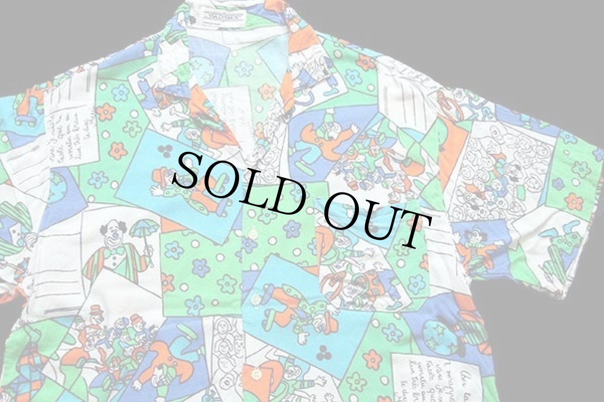 画像3: 80s フランス製 VIA COSMOS ピエロ イラスト 総柄 染み込みプリント 半袖 レーヨン オープンカラーシャツ (3)