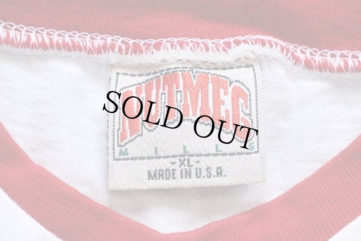 画像4: 90s USA製 NUTMEG 無地 レイヤードネック&スリーブ コットンTシャツ 白×濃赤 XL (4)