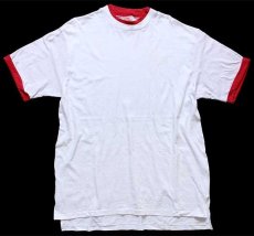 画像2: 90s USA製 NUTMEG 無地 レイヤードネック&スリーブ コットンTシャツ 白×濃赤 XL (2)