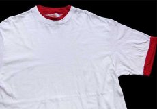 画像1: 90s USA製 NUTMEG 無地 レイヤードネック&スリーブ コットンTシャツ 白×濃赤 XL (1)