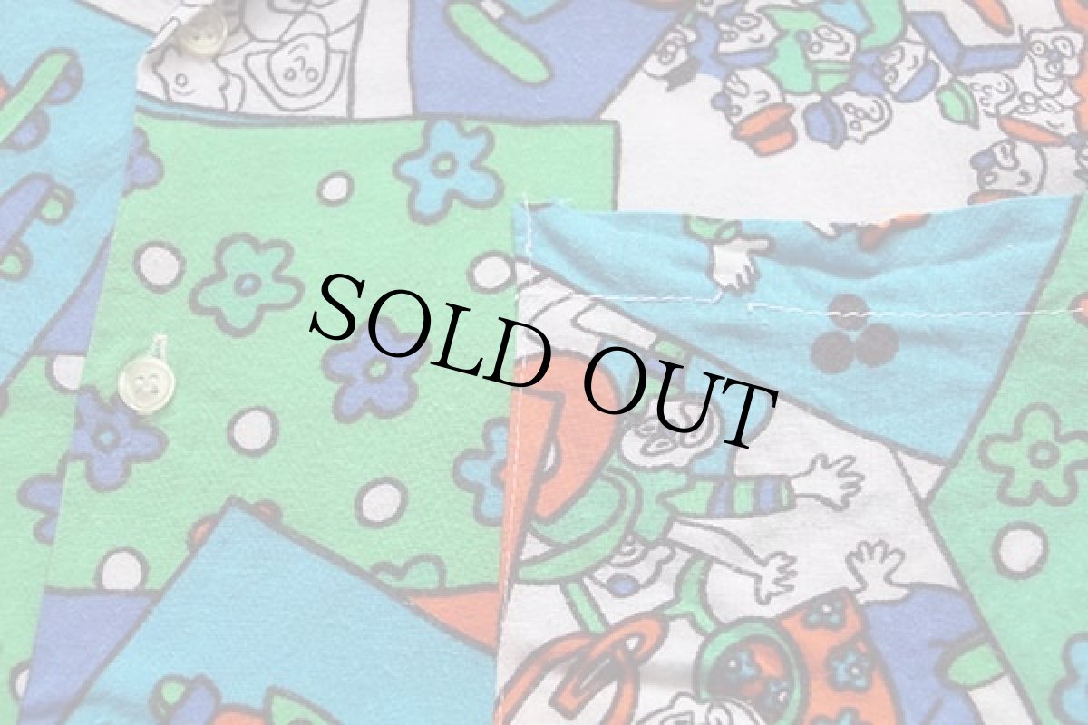 画像5: 80s フランス製 VIA COSMOS ピエロ イラスト 総柄 染み込みプリント 半袖 レーヨン オープンカラーシャツ (5)