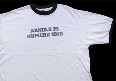 画像1: 00s ARNOLD IS NUMERO UNO 染み込みプリント リンガーTシャツ 白×黒 XL (1)