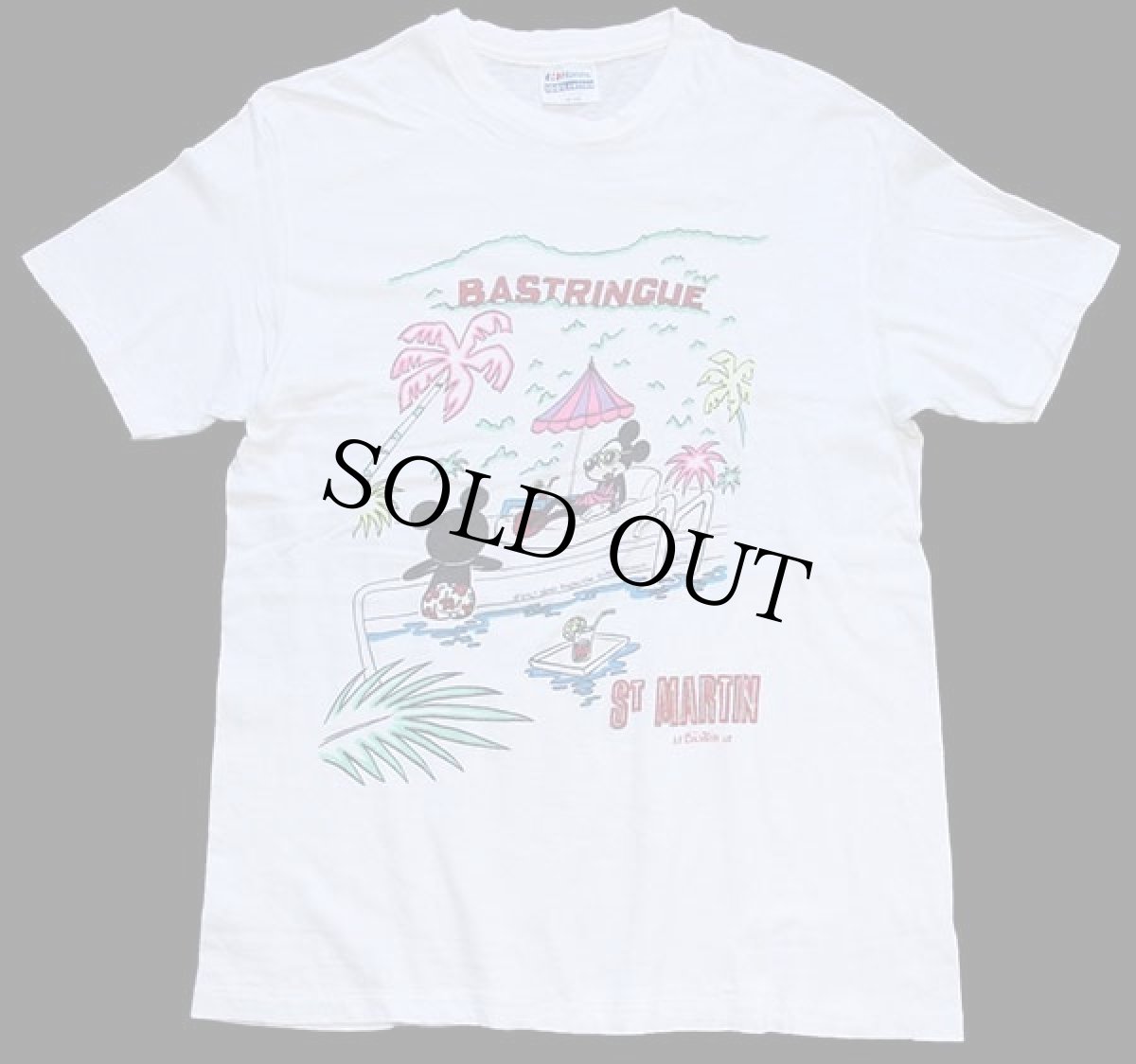 画像2: 80s USA製 Hanes ミッキー&ミニー マウス BASTRINGUE 蛍光 染み込みプリント コットンTシャツ 白 L (2)