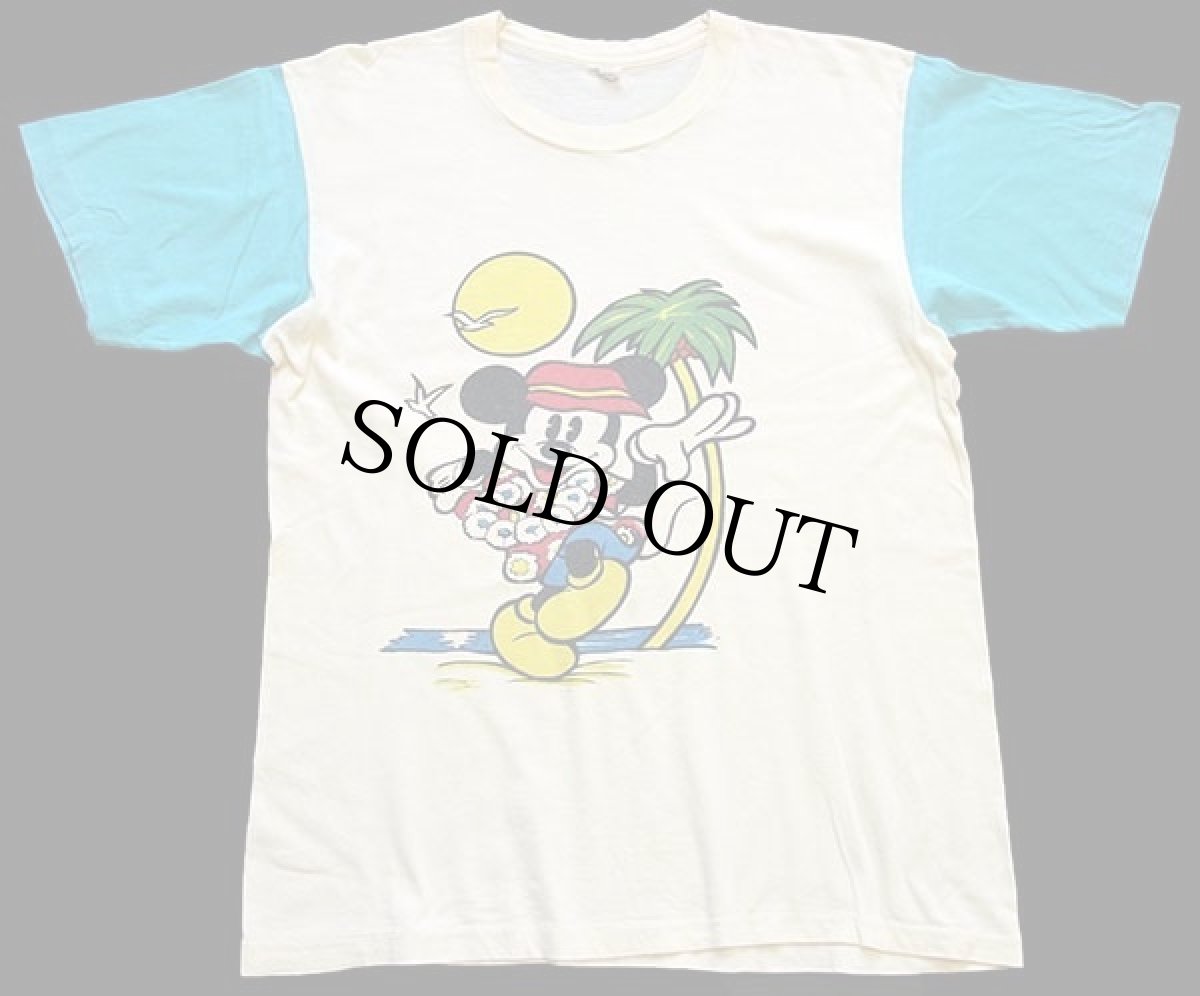 画像2: 80s イタリア製 ミッキー マウス 染み込みプリント ツートン 切り替え コットンTシャツ クリーム×水色 (2)