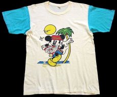 画像2: 80s イタリア製 ミッキー マウス 染み込みプリント ツートン 切り替え コットンTシャツ クリーム×水色 (2)