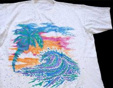 画像1: 90s ヤシの木 スパッタリング アート オールオーバープリント コットンTシャツ 白 (1)