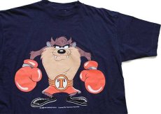 画像1: 90s WARNER BROS LOONEY TUNES タズマニアンデビル ダフィーダック ボクシング 両面プリント コットンTシャツ 紺 (1)