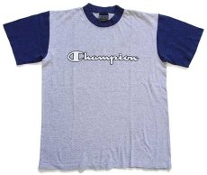 画像2: 90s イタリア製 Championチャンピオン スクリプト ビッグロゴ ツートン 切り替え Tシャツ 杢グレー×杢ネイビー M (2)