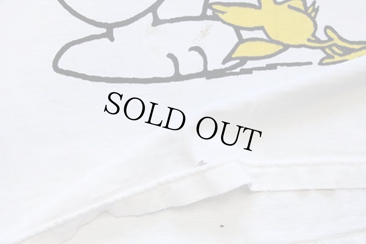 画像7: 90s スヌーピー ウッドストック JOE COOL 染み込みプリント コットンTシャツ ボロ 白 XL (7)