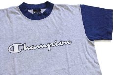 画像1: 90s イタリア製 Championチャンピオン スクリプト ビッグロゴ ツートン 切り替え Tシャツ 杢グレー×杢ネイビー M (1)